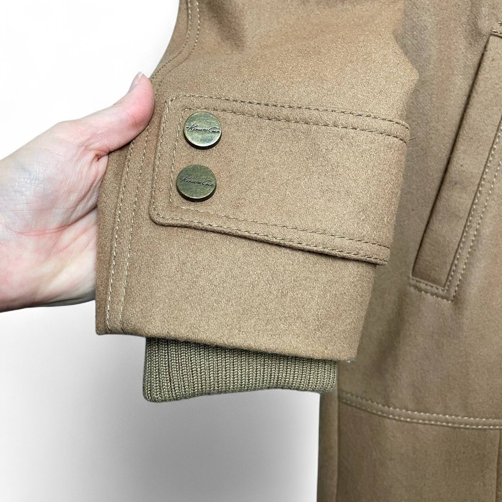 Vintage Y2K Kenneth Cole Wool Blend Hooded Camel Coat Longline Jacket 12 Travel - Picture 4 of 11